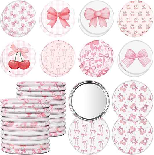 24 Pcs Coquette Pink Bow Compact Mirror Bulk Women Portable Round Mini Pocket Mirrors 12 Styles Pink Bow Aesthetic Makeup Mirror for Bridal Shower Grad Party Favors Birthday Gifts