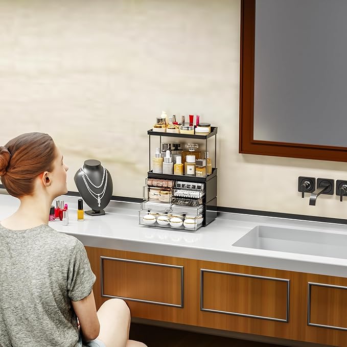 3 Tier 6-Drawer Bathroom Counter Organizer Shelf - Stackable Design - 18.9" Tall Large Skin Care Organizer Suitable as Makeup,Beauty,Face Product,Lotion,Skincare Organizers,Black