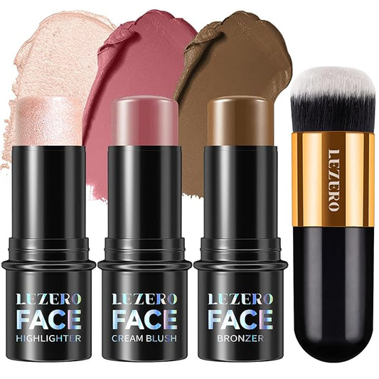 Lezero 3Pcs Contour Stick Makeup Kit, Shades with Highlighter, Blush and Bronzer Trio for Sculpt the Cheeks and Body, Long Lasting, Waterproof, Dewy & Matte Finish, LIGHT MEDIUM (02,05,06)