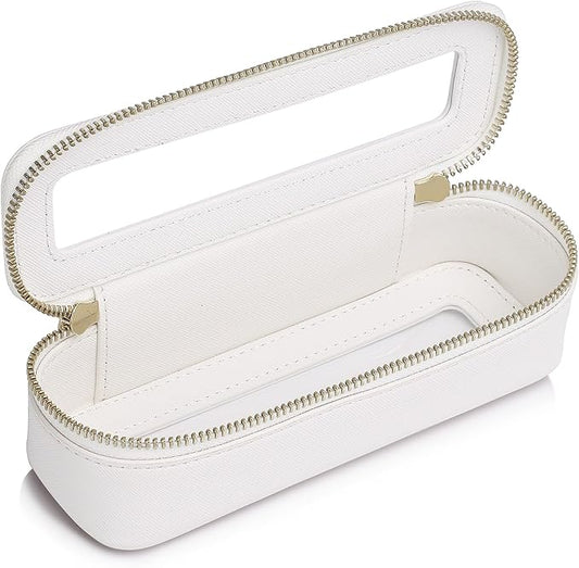 Makeup Brush Case Clear Travel Cosmetic & Toiletry Bag Slim Makeup Bag with Zipper Small Purse Organizer Car Essential Bag for Women (White, SLIM-3)