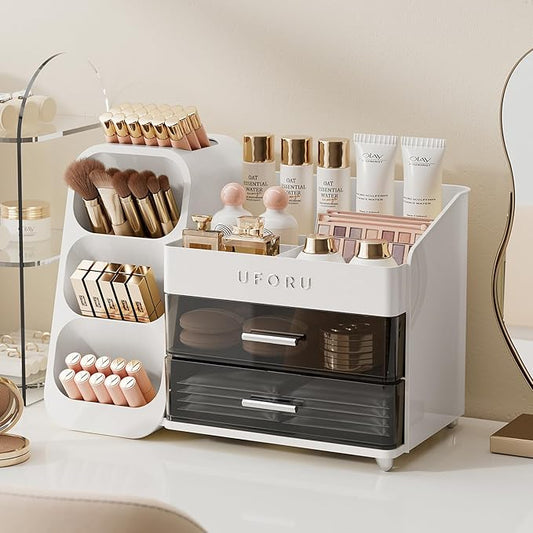 Makeup Organizer for Vanity, Countertop Organizer With Drawers, Spacious Cosmetic Display Case for Beauty Essential, Skincare, Lipstick, White