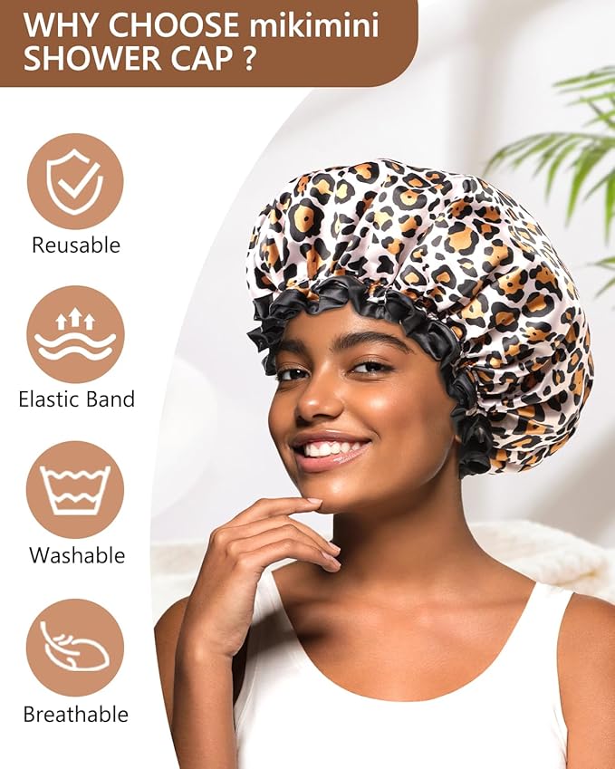 mikimini Leopard Medium Shower Caps Pack of 2,Shower Cap for Girls and Women with Black Lace,Reusable Waterproof Shower Hat for Girls