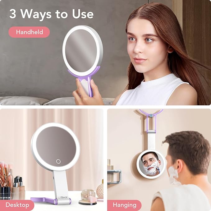 LitBear Travel Makeup Mirror with Light, Rechargeable Double-Sided 10X/1X Magnifying Mirror, Portable Lighted Beauty Mirror, 3 Color Lighting, Dimmable Touch Screen, Tabletop Handhold Hanging (Purple)