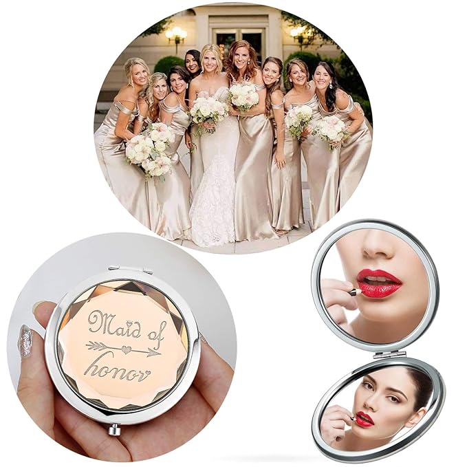 2 Pack Bridesmaid Proposal Gifts,1 Maid of Honor mirror 1 Matron of Honor mirror,Crystal Pocket Compact Makeup Mirror Wedding Bridesmaid Gifts Bachelorette Party Gifts for Bride (champagne)