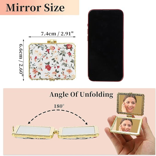 VOCOSTE Compact Mirror for Purses, Flower Pocket Square Mini, Floral Small for Purse, Vintage Folding Travel Portable for Women, White