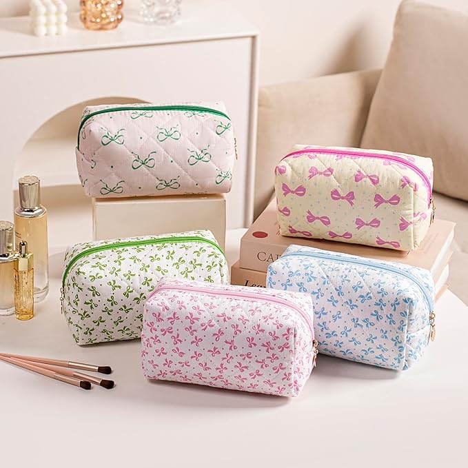 Gleyemor Small Quilted Makeup Bag for Women, Cute Floral Bow Cosmetic Bag, Emergency Bag Travel Toiletry Cotton Pouch Gifts for Girls Her Mom Friend Sister Bridesmaid (Pink&Green Bow)