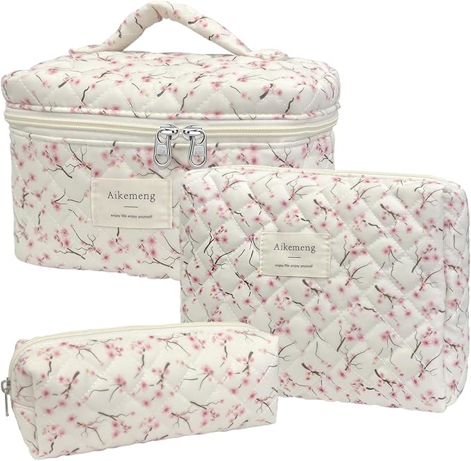 3 Piece Floral Quilted Makeup Bag, Large Capacity Travel Cosmetic Bag for Women and Girls, Aesthetic Storage for Daily and Travel Use (3pcs-peachblossom)