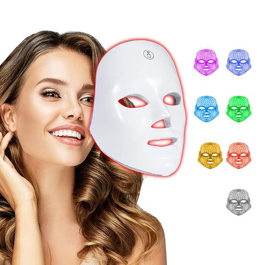 LED Face Mask Light Therapy – 7-in-1 Colors Facial Skin Care Mask for At-Home Use, Portable, Cordless & USB Rechargeable (White)