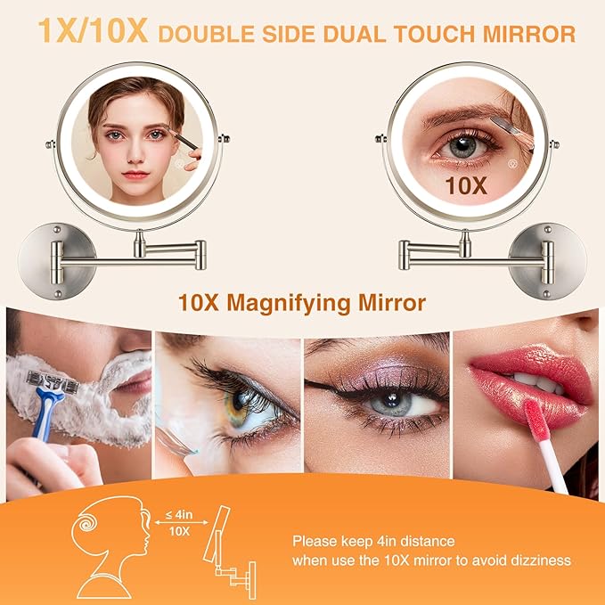 8.5 Inch Rechargeable Wall Mounted Makeup Mirror Brushed Nickel, Double Side Dual-Touch 1X/10X Magnifying Mirror with Light, 3 Color Lights 360°Swivel Extendable Bathroom Mirror