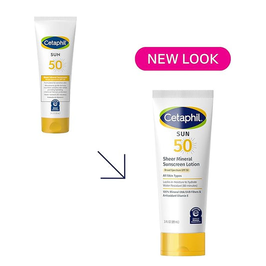 CETAPHIL Sheer Mineral Sunscreen Lotion for Face & Body 3 fl oz 100% Mineral UVA/UVB Filters: Zinc Oxide & Titanium Dioxide Broad Spectrum SPF 50 For Sensitive Skin Dermatologist Recommended Brand
