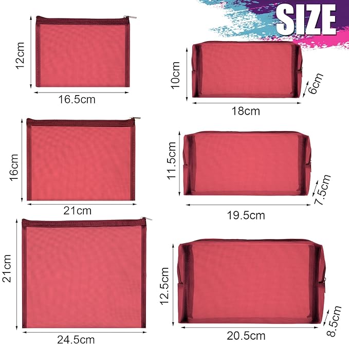 6 Pieces Mesh Makeup Bags Mesh Cosmetic Bag Portable Travel Organizing Zipper Pouch Toiletries Makeup Pouches for Home Office Travel Accessories (Wine Red)