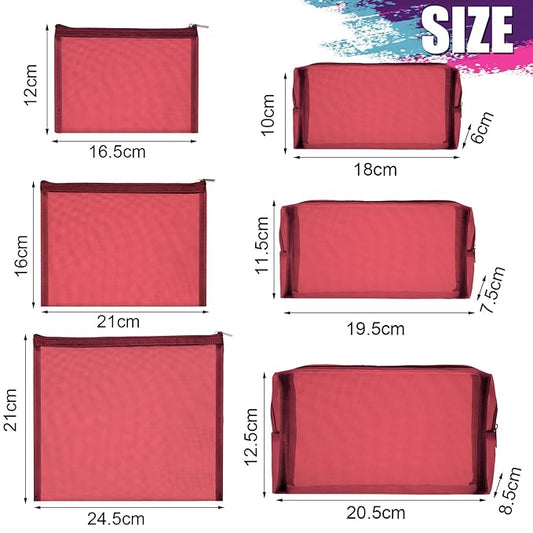 6 Pieces Mesh Makeup Bags Mesh Cosmetic Bag Portable Travel Organizing Zipper Pouch Toiletries Makeup Pouches for Home Office Travel Accessories (Wine Red)