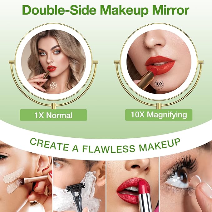 Anfauny 9 Inch Wall Mounted Lighted Makeup Mirror, Double Sided 1X/10X Magnifying LED Vanity Mirror with 3 Color Lights & Stepless Dimming, 360°Swivel Extendable Bathroom Cosmetic Mirror-Gold