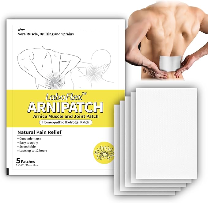 Arnica Hydrogel Pain Relief Patches | Natural Relief for Muscle, Joint, Bruises & Swelling | Flexible, Non-Greasy & Long-Lasting | Great for Back, Knee & Neck Pain (3.9"x4.7", 5, Count)