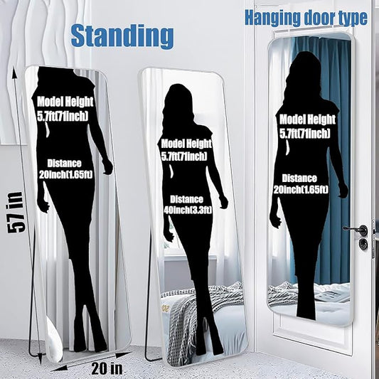 57x20 Door Hanging Full Length Mirror, Floor Stand (Height 5.7ft just Body in1.3ft) Wall Mounted Metal Frame Rectangle Dressing Mirrors for Bedroom Room 57 inch Silver