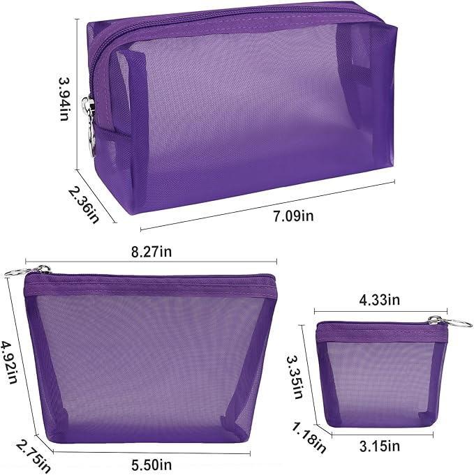 Aosbos 3-Pack Mesh Cosmetic Bag Set - Travel/On-The-Go Makeup Storage, Zipper Closure Small Pouch