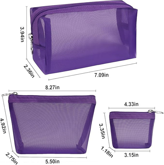 Aosbos 3-Pack Mesh Cosmetic Bag Set - Travel/On-The-Go Makeup Storage, Zipper Closure Small Pouch