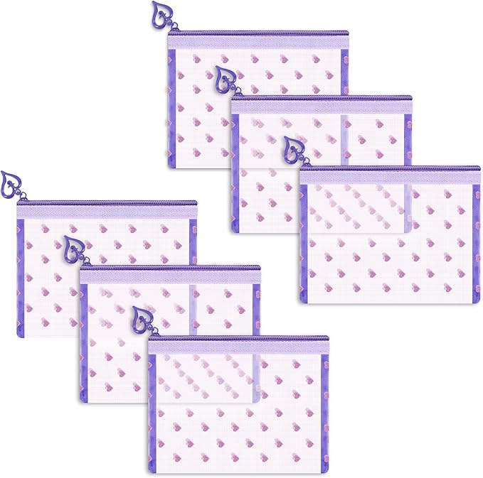 6 Pack Mini Zipper Mesh Makeup Bags, Heart Print Nylon Cosmetic Bags Toiletry Bags for Office Travel Organization (Purple, XS)