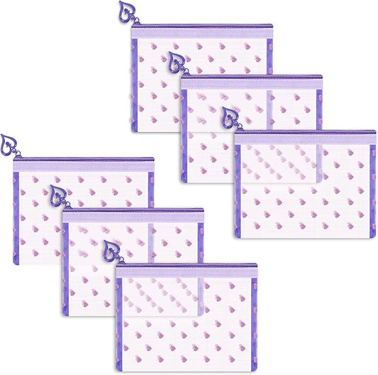 6 Pack Mini Zipper Mesh Makeup Bags, Heart Print Nylon Cosmetic Bags Toiletry Bags for Office Travel Organization (Purple, XS)