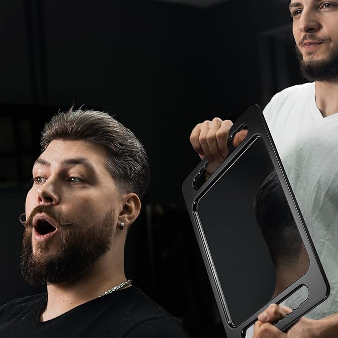 Kigley 2 Pcs Large Hand Mirror with Double Handle Barber Mirror Unbreakable Rectangular Hand Held Hair Salon Equipment Hairstylist and Barber Accessories, Black, 15.75 x 9.84 Inches/ 40 x 25 cm