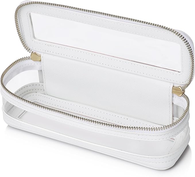 Makeup Brush Case Clear Travel Cosmetic & Toiletry Bag Slim Makeup Bag with Zipper Small Purse Organizer Car Essential Bag for Women (White, SLIM-1)