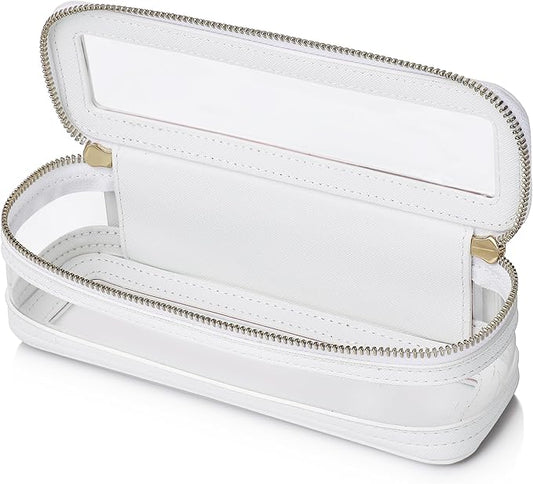 Makeup Brush Case Clear Travel Cosmetic & Toiletry Bag Slim Makeup Bag with Zipper Small Purse Organizer Car Essential Bag for Women (White, SLIM-1)