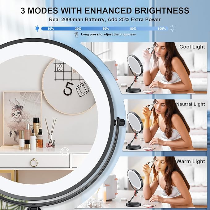 Makeup Mirror with Lights[Brightness Enhanced Version], Real 2000mah Rechargeable Double Sided 10x Magnifying Mirror with 3 Colors Table Vanity Mirror with Adjustable Height and Stand,Black