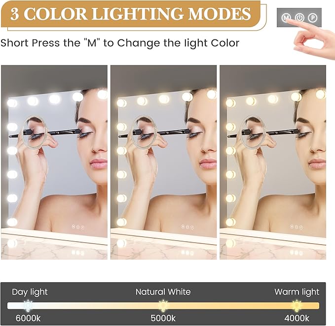 Makeup Mirror with Lights, Multifunctional Desktop Vanity Mirror with 17 Dimmable LED Lights and 3 Lighting Modes, 3x Magnification, Smart Touch Controls, Desktop or Wall Mount, Dressing Room/Bedroom