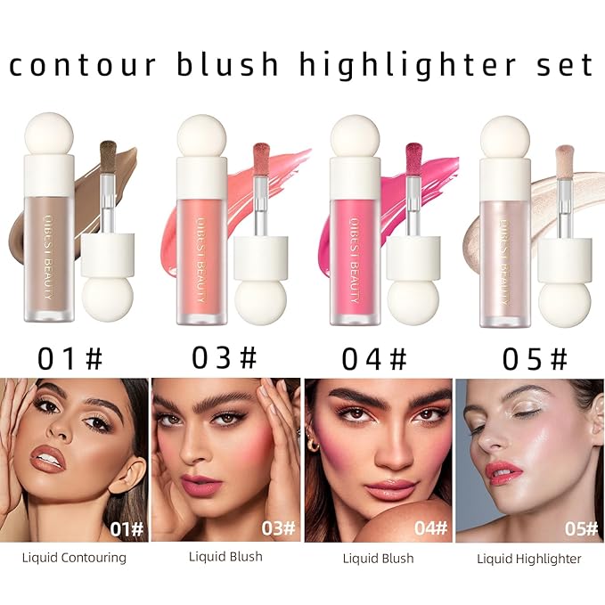 MEICOLY Soft Pinch Liquid Blush & Dewy Cheek Tint, Matte Finish Liquid Contour, Highlight Bronzer Stick Set - Pearl White Highlighter + Rose Pink Blush + Contour