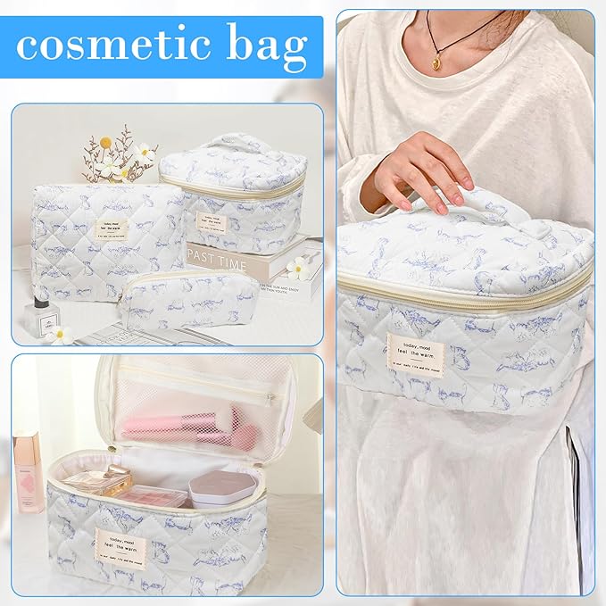 3 Piece Blue Quilted Makeup Bag, Large Capacity Travel Cosmetic Bag for Women and Girls, Aesthetic Storage for Daily and Travel Use (3pcs-BlueCatAnimal)