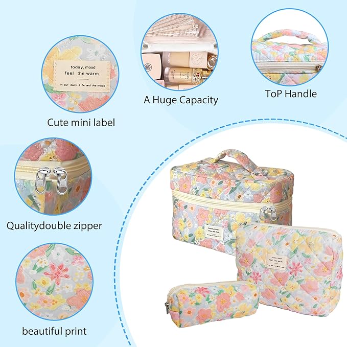 3 Piece Floral Oil Painting Print Cotton Quilted Makeup Bag Set, Large Capacity Travel Makeup Bags for Women and Girls, Includes Small, Medium, and Extra Large aesthetic makeup&Cosmetic Bags