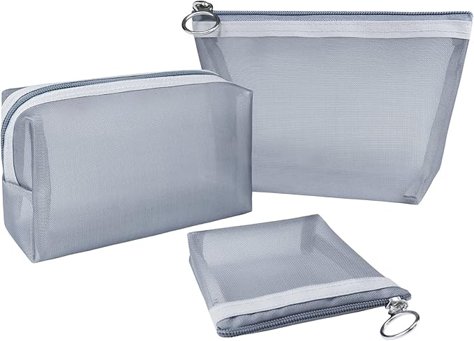 Aosbos 3-Pack Mesh Cosmetic Bag Set - Travel/On-The-Go Makeup Storage, Zipper Closure Small Pouch