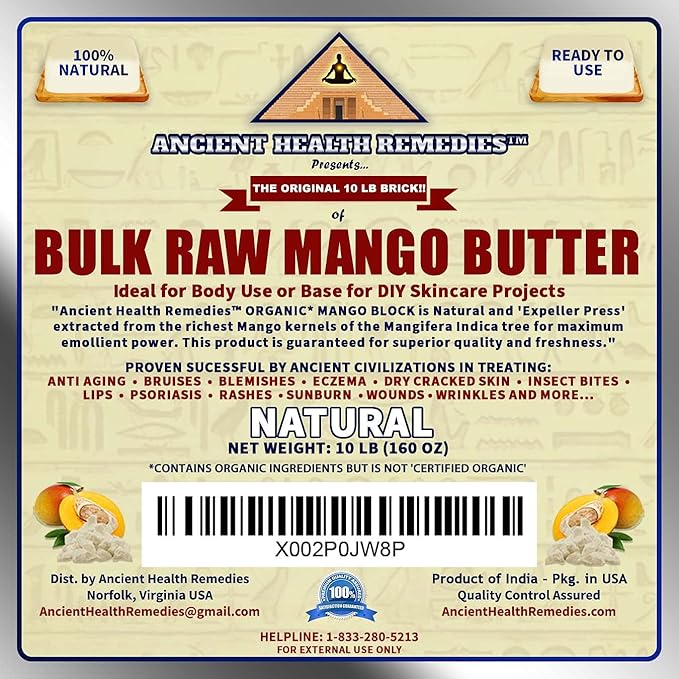 ANCIENT HEALTH REMEDIES Organic Unrefined Raw MANGO BUTTER JAR/BLOCKS Bulk, Light Mango Aroma, Non-Greasy Base for Beauty, Skin Moisturizing, DIY Base for Body Butter & Hand Creams (10 LB)