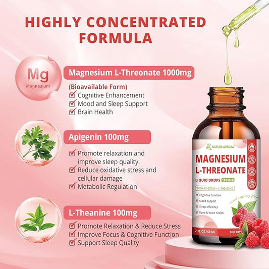 Magnesium L-Threonate Liquid Drops with Apigenin & L-Theanine, High Absorption Magnesium Threonate Supplement for Sleep, Brain Health and Cognitive Function, Raspberry Flavor, 60ML