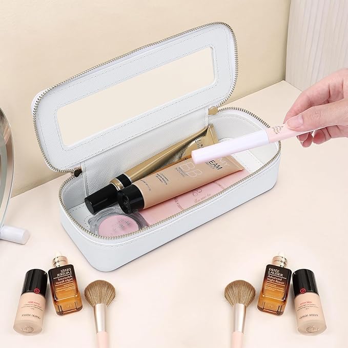 Makeup Brush Case Clear Travel Cosmetic & Toiletry Bag Small Makeup Bag with Zipper Purse Organizer Car Essential Bag for Women (White, SLIM)