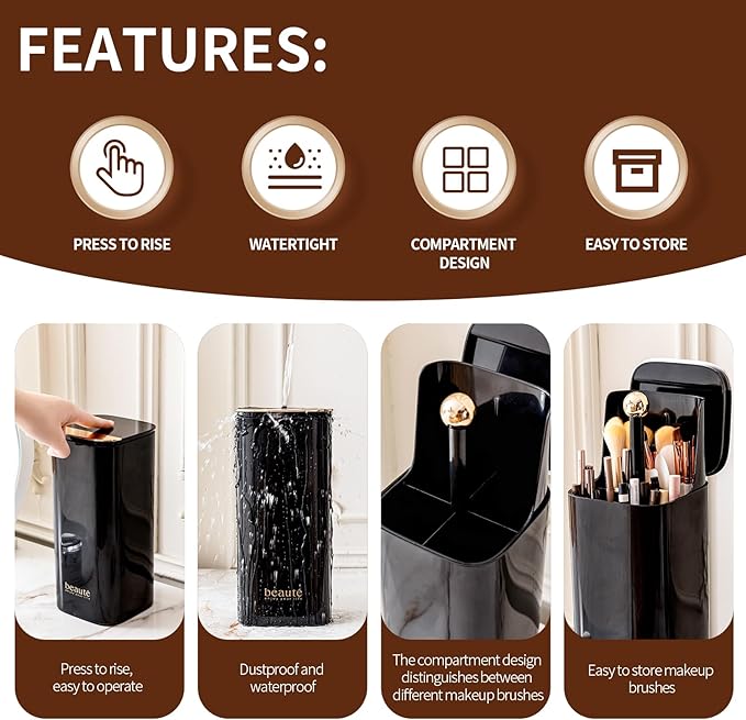Makeup Brush Holder with Lid Cosmetic Tools Organizer（Black）