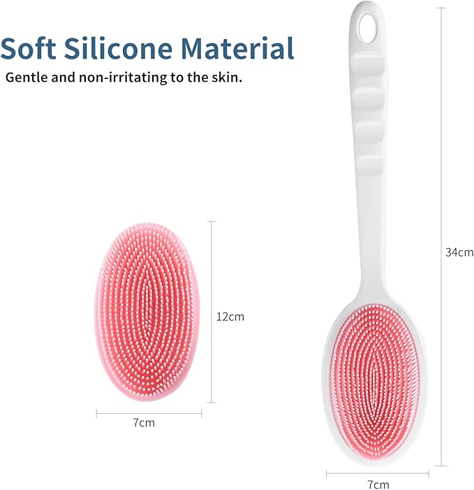 2-in-1 Silicone Body Brush with Detachable Long Handle, Double-Sided Back Scrubber for Bath with Hook, Rich Foam for Deep Cleansing and Exfoliating (Pink/Tip)