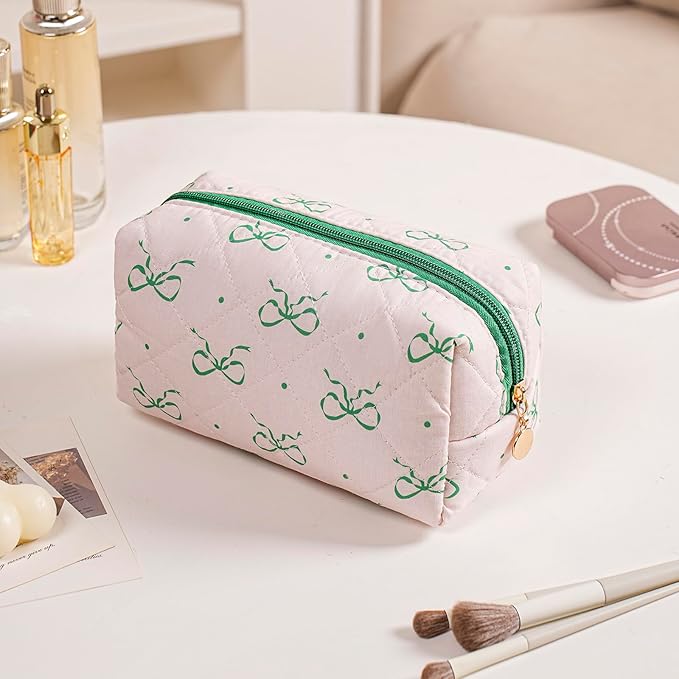 Gleyemor Small Quilted Makeup Bag for Women, Cute Floral Bow Cosmetic Bag, Emergency Bag Travel Toiletry Cotton Pouch Gifts for Girls Her Mom Friend Sister Bridesmaid (Pink&Green Bow)