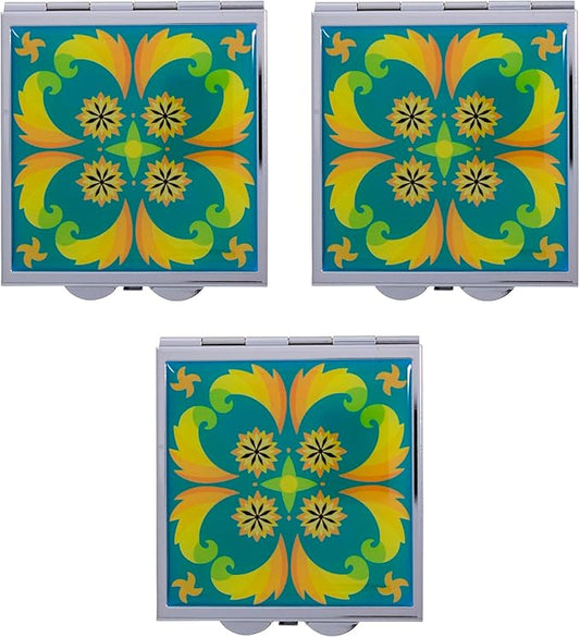 Stephanie Imports Set of 3 Double Sided Magnifying Compact Slim Mirrors with Printed Insert (Square - Psychedelic Turquoise)