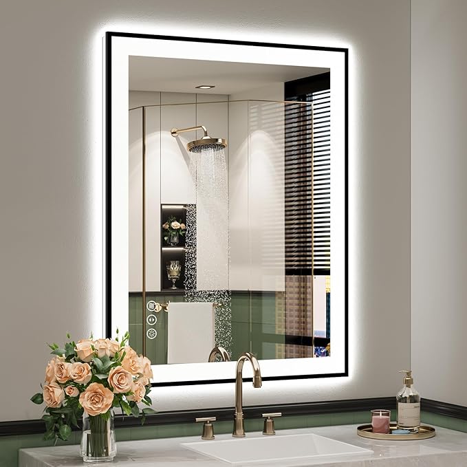 28x36 Inch LED Bathroom Mirror with Lights (Front Lit and Backlit) Black Framed Lighted Vanity Mirror for Bathroom Wall Dimmable Anti-Fog Memory Tempered Glass Horizontal/Vertical