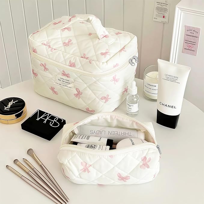 4 Piece Cute Pink Bow Quilted Makeup Bag Set, Large Capacity Travel Makeup Bags for Women and Girls, Includes Small, Small-Medium，Medium, and Large aesthetic makeup&Cosmetic Bags (4PCS-Pink Bow)