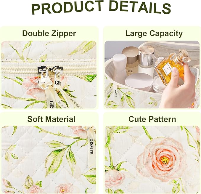 4Pcs Quilted Makeup Bag Set Cute Floral Cosmetic Bag Cotton Coquette Make up Bag Aesthetic Travel Toiletry Bag for Women Girls