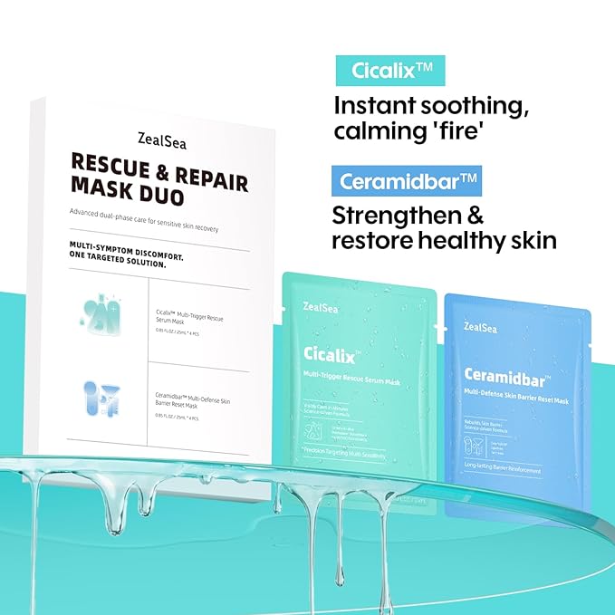 ZealSea Cicalix & Ceramidbar Face Masks Skincare, All-in-one Proven Derm Solution Facial Mask for Visibly Soft | Plump | Quenching | Anti-aging, Soothing & Refreshing, Strengthen & Restore, 4+4 Duo