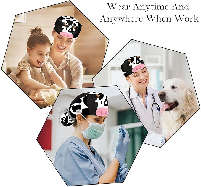2 PCS Bouffant Cap with Button Ponytail Pouch Working Cap Sweatband Adjustable Surgical Cap Black and White Cow