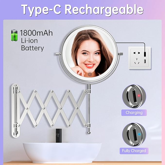Famihomii Rechargeable Lighted Makeup Mirror Wall Mounted, 8 Inch 1X/10X Double Sided Magnifying Mirror with 3 Light, 360° Swivel Bathroom Extendable Mirror, Telescoping Mesh Shaving Mirror - Chrome