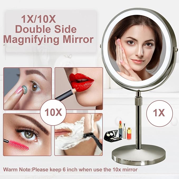10x Makeup Mirror with Lights, 4000mAh Height Adjustable Lighted Makeup Mirror, Magnifying Mirror with LED Lights,Cosmetic Vanity, Light Up Mirror, Nickel