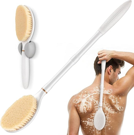 New Back Scrubber Anti-Slip for Shower, 18.9‘’ Corn-Handle Shower Back Scrubber with Dual-Side Head & Soft Bristles, Adjustable Shower Brush Bath Brush for Lathering Cleansing(White-L)