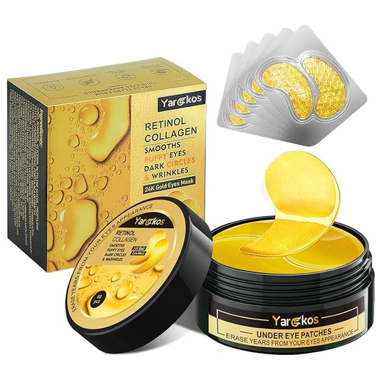 24K Gold Eye Mask 60Pcs, 5 Portable Golden Collagen Under Eye Patches, 30 Pairs Women Men Hydrating Undereye Gel Pads for Dark Circles Puffy Eyes Puffiness Wrinkle Eye Bag Treatment