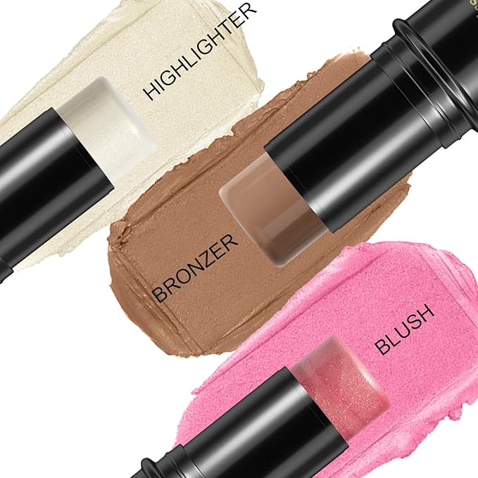 3 Pcs Face Contour Stick Kit, Matte Finish Face Stick Trio with Bronzer Blush Highlighter and Brush, Long Lasting Waterproof Cream Beauty Wand Makeup Set for Sculpt Glowing Face Look (#2, 10, 11)