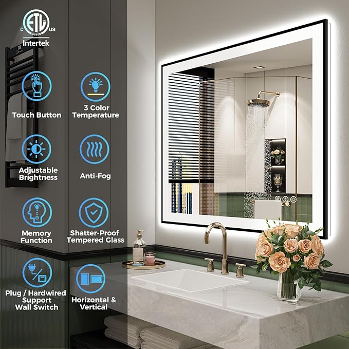 36x36 Inch LED Bathroom Mirror with Lights (Front Lit and Backlit) Black Framed Lighted Vanity Mirror for Bathroom Wall Dimmable Anti-Fog Memory Tempered Glass Horizontal/Vertical
